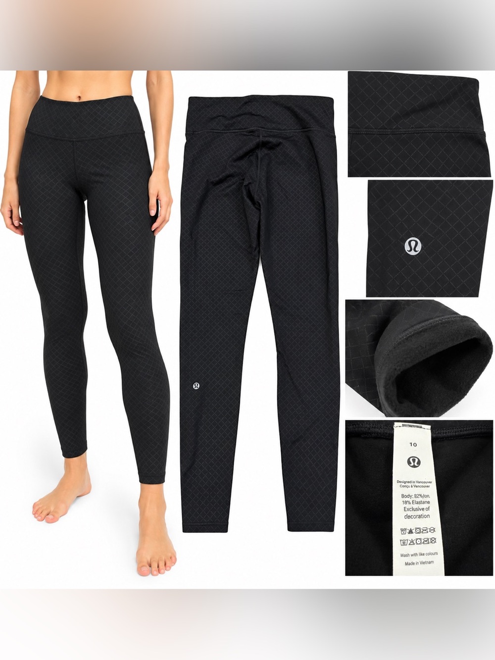Lululemon Black Fleece Lined Leggings Diamond Print Size 10